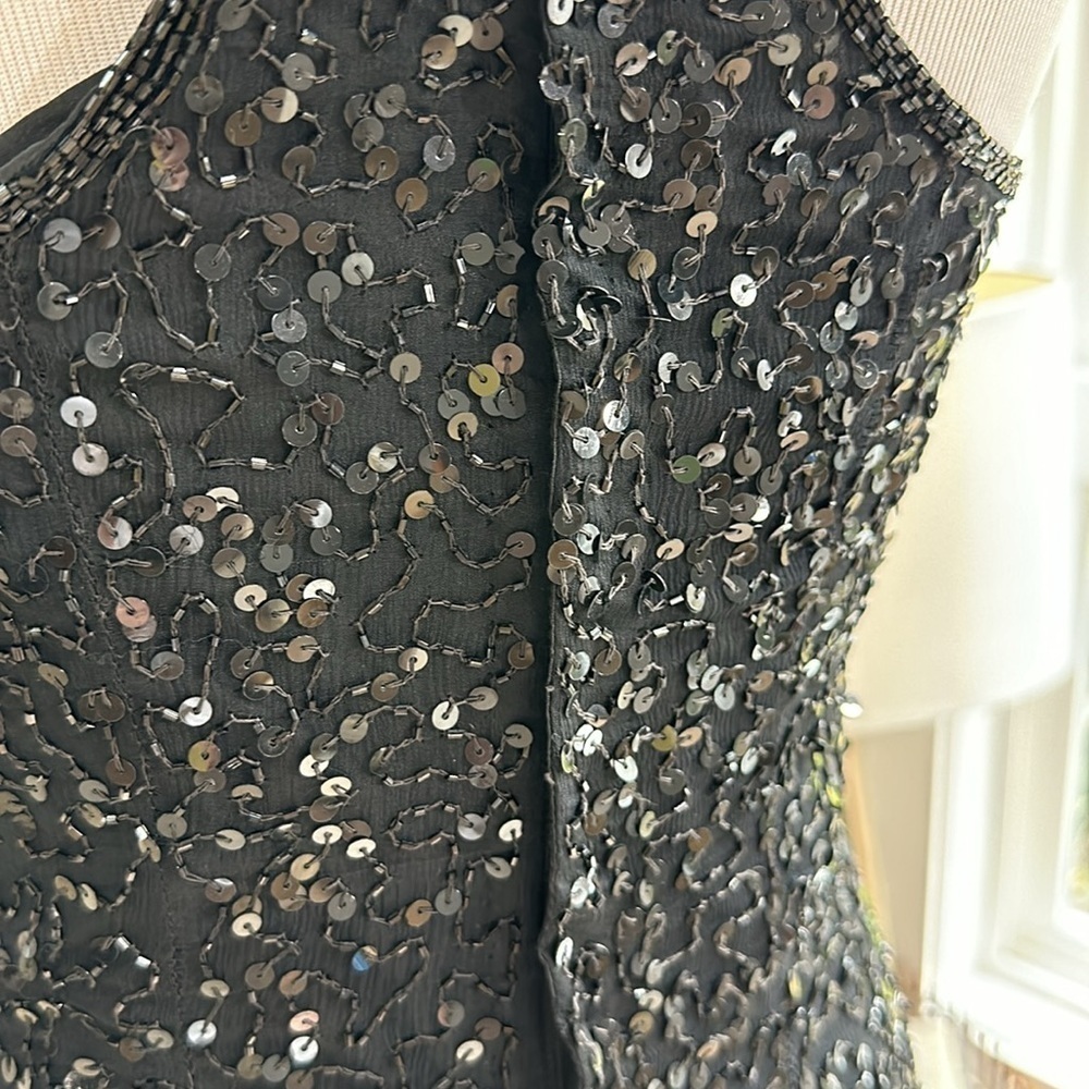 Vintage Laurence Kazar silk long black sequin column dress SZ XS-S - Picture 6 of 13